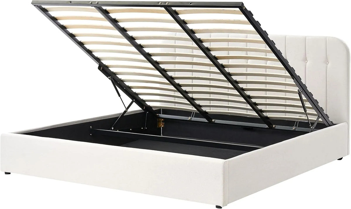 Beliani Lit Ottoman en Tissu 180 x 200 cm Sommier — revêtement en tissu, avec rangement, 180 × 200 cm, blanc