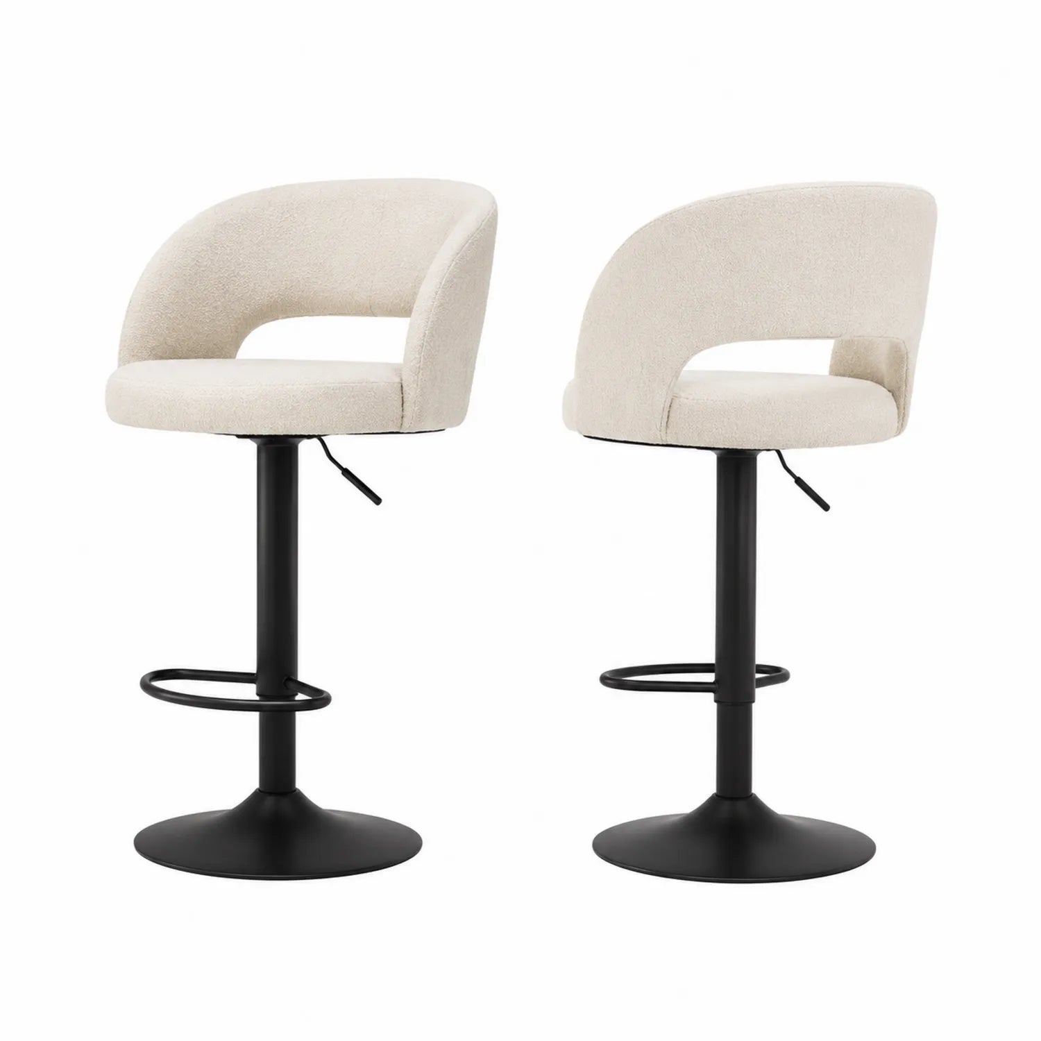 Chaises de bar pivotantes en tissu beige avec pied en métal noir réglable, ensemble de 2