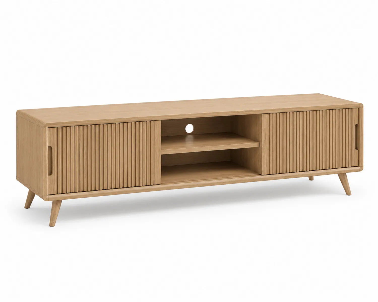 Meuble TV en chêne avec portes coulissantes et étagères 150cm