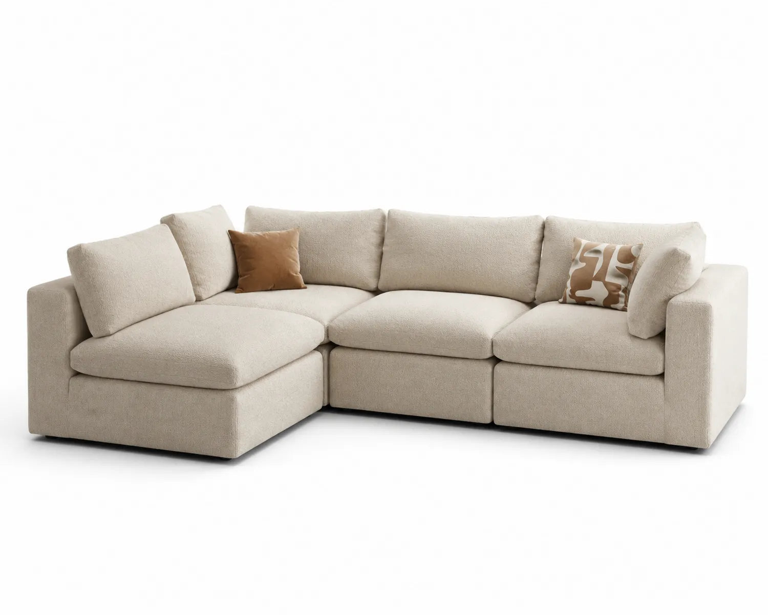Canapé d'angle modulaire en tissu beige avec coussins
