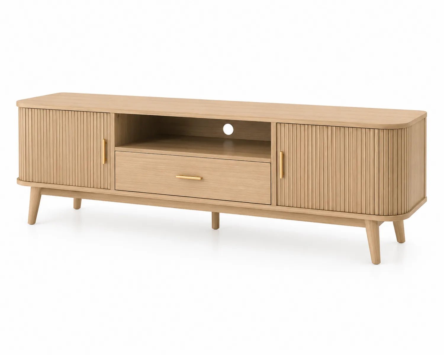 Meuble TV en bois de chêne clair avec portes et tiroir 180x40x55 cm