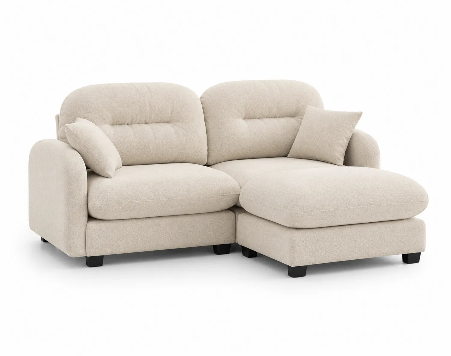Canapé d'angle en tissu beige avec méridienne et coussins