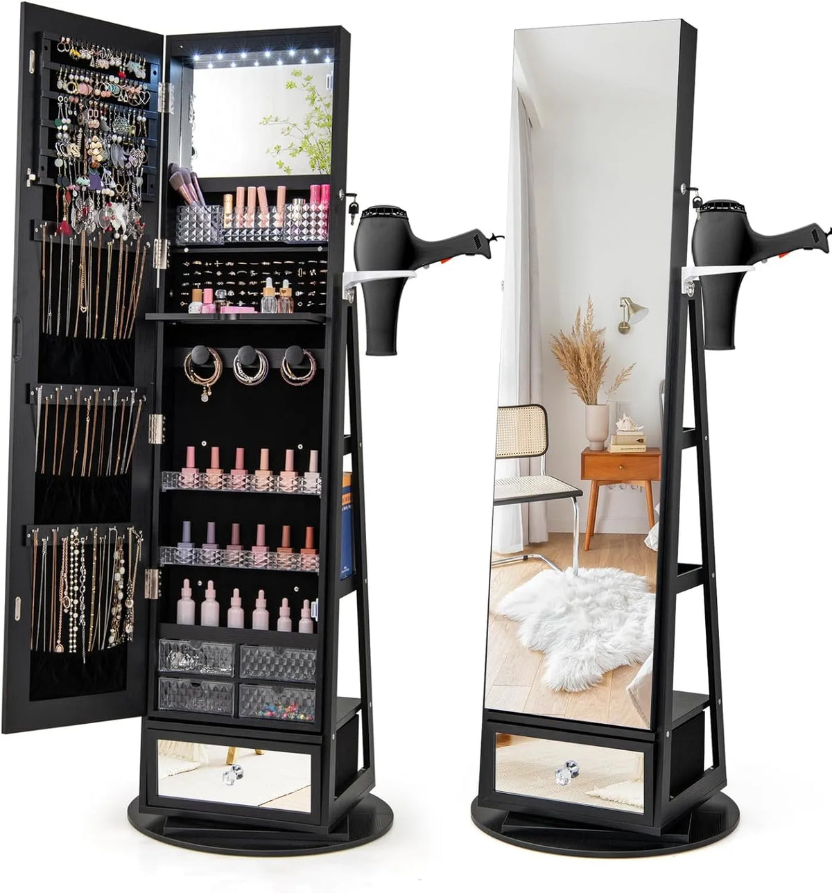 Armoire de rangement: sur pied, avec rangement, avec tiroirs, avec Bibliothèque et étagère de rangements, 3 Étagères, noir, avec éclairage LED