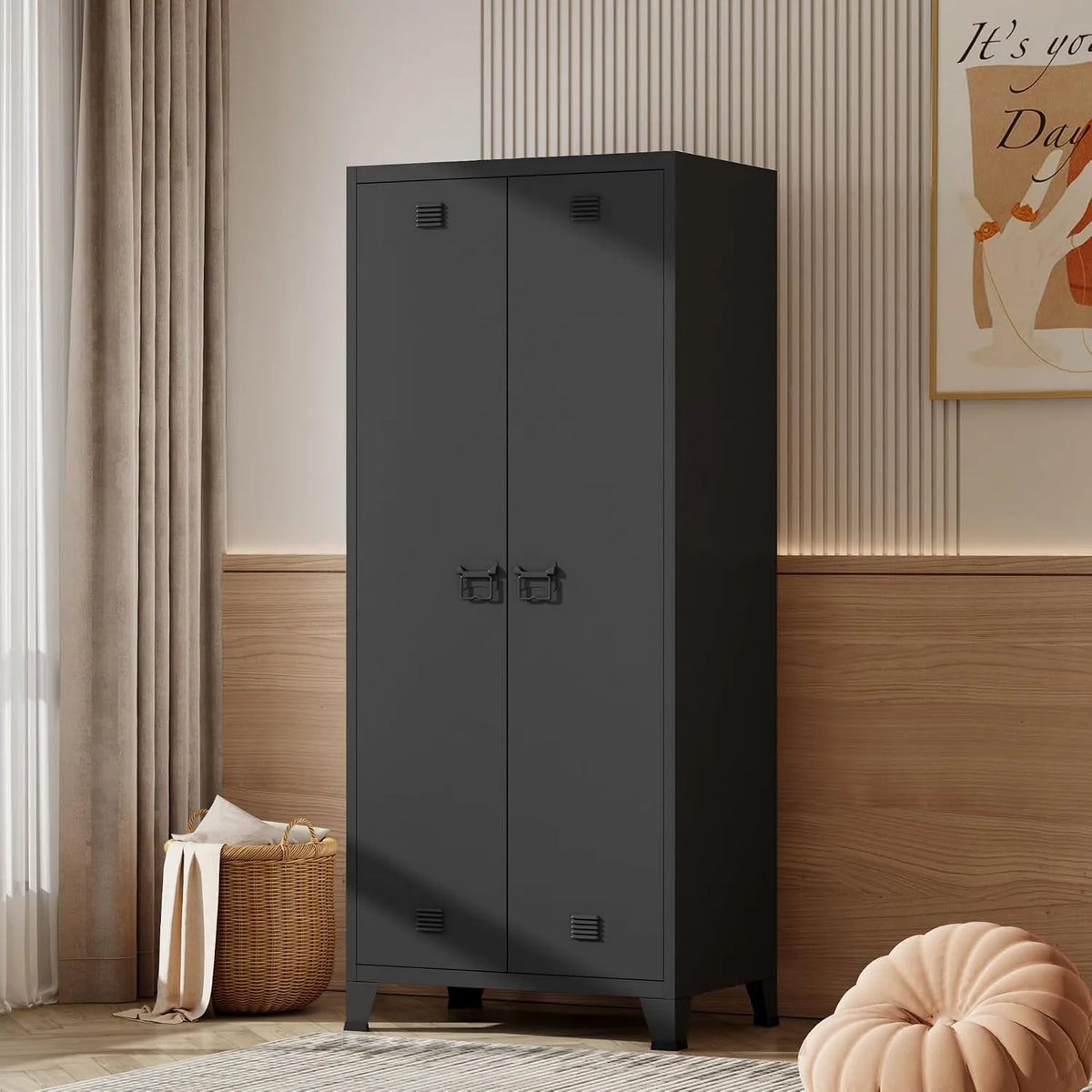 Armoire de rangement – en acier, avec rangement, avec Bibliothèque et étagère de rangements, 2 Portes, 180 × 90 × 40 cm, noir, avec étagères