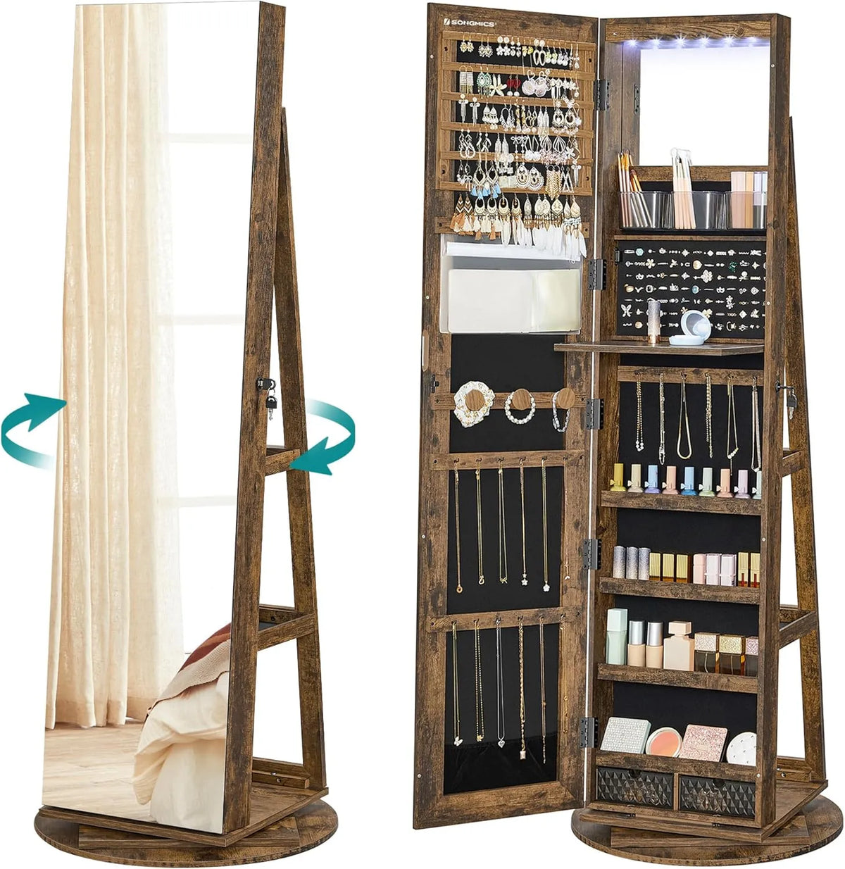 SONGMICS JJC007X01 Armoire de rangement – sur pied, avec rangement, verrouillable, avec Bibliothèque et étagère de rangements, 3 Étagères, 6 LED, noir