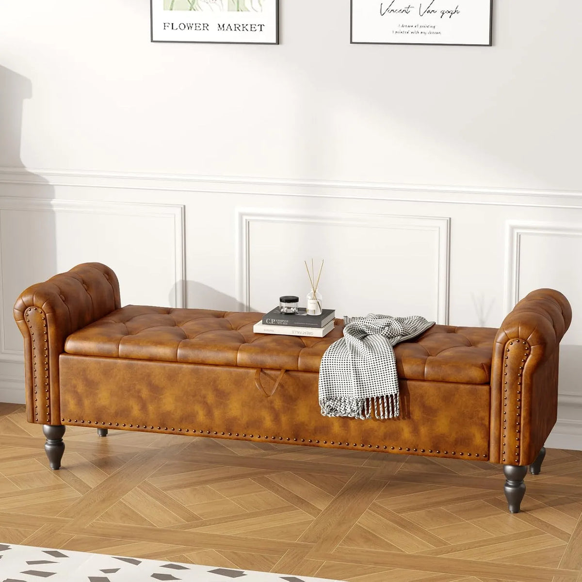 Banc et banquette d'intérieur — en cuir PU, avec rangement, 160cm, marron, avec rangement intégré