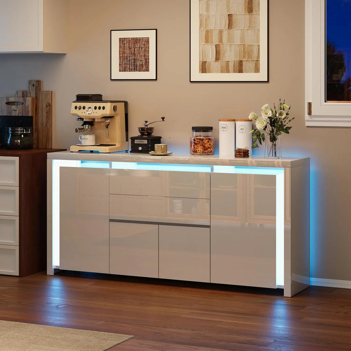Buffet et meuble de rangement Blanc Laqué 4 Portes2 Tiroirs avec Éclairage LED: avec rangement, avec tiroirs, affichage LED