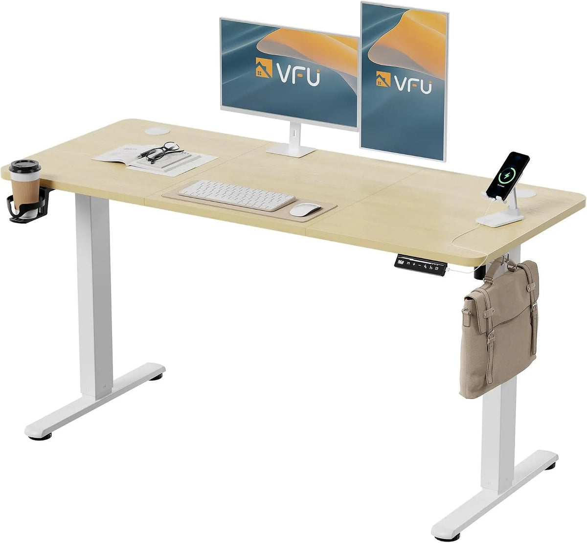 Bureau et table informatique: USB-C, avec port USB, réglable, 140 × 60 cm, beige, hauteur réglable