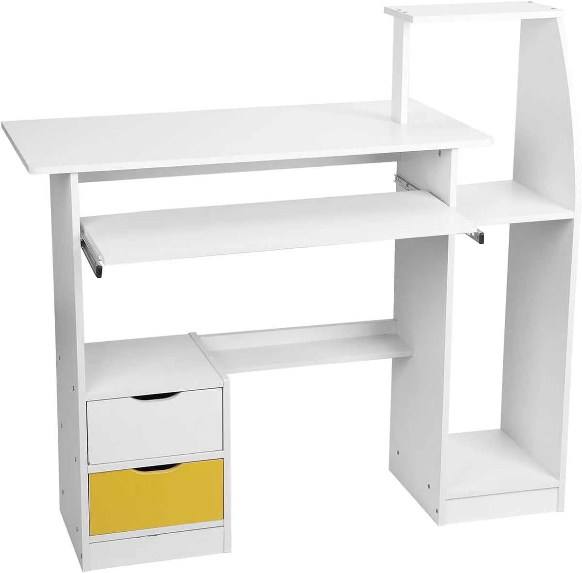 Bureau – en bois, avec tiroirs, avec Bibliothèque et étagère de rangements, usage à domicile, 3 étagères, 2 tiroirs, blanc