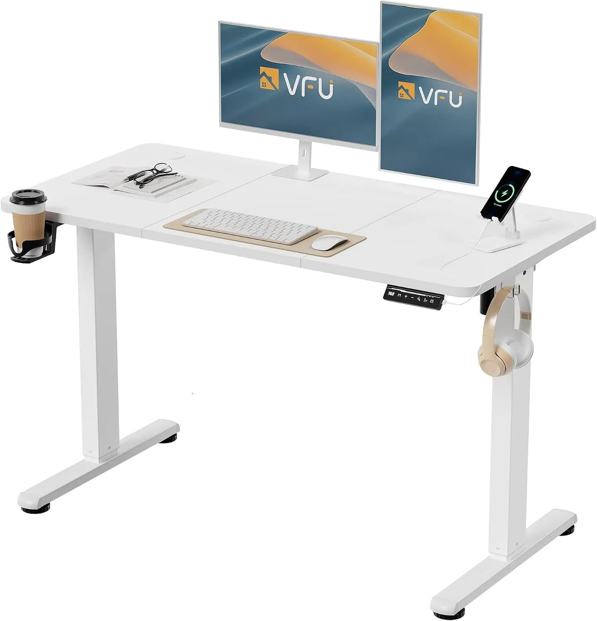 Bureau et table informatique – USB-C, avec port USB, réglable, 120 × 60 cm, blanc, hauteur réglable