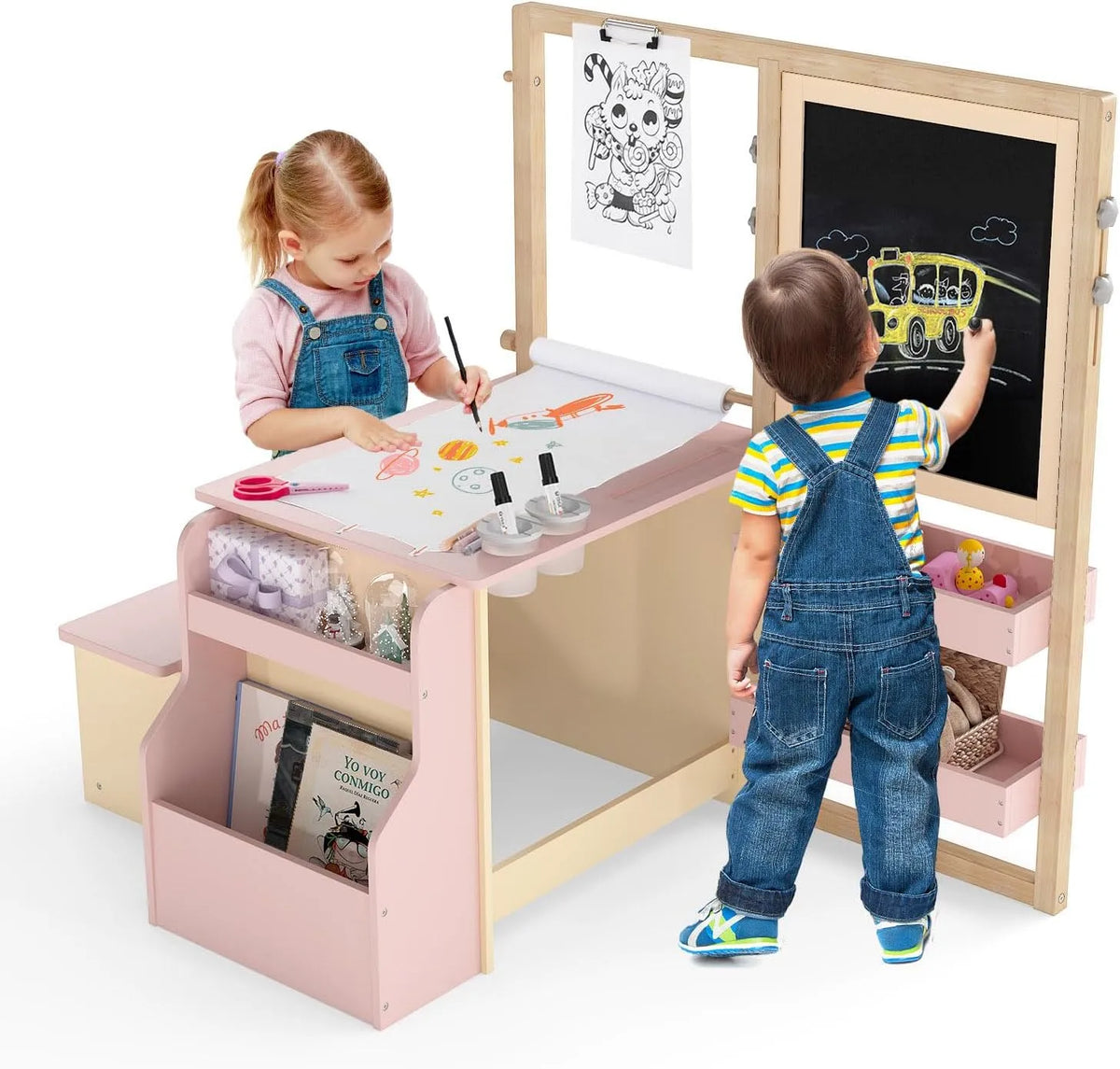 COSTWAY Bureau et table informatique: pour enfant, en bois, réglable, 50kg, rose