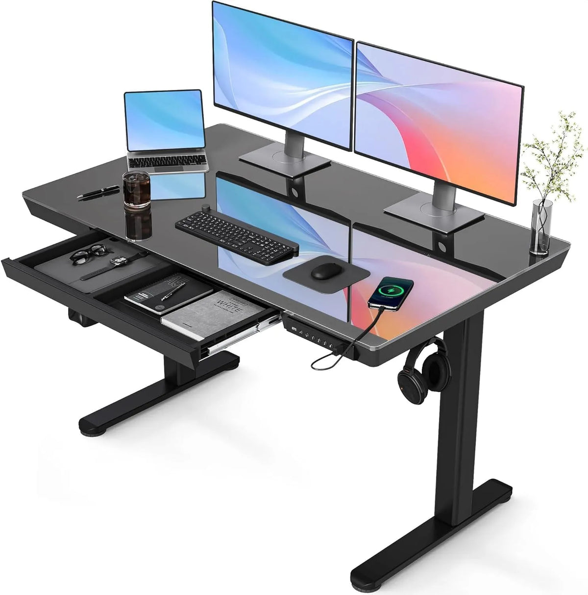Bureau et table informatique: en verre, avec tiroirs, réglable, 120 × 60 cm, noir, hauteur réglable