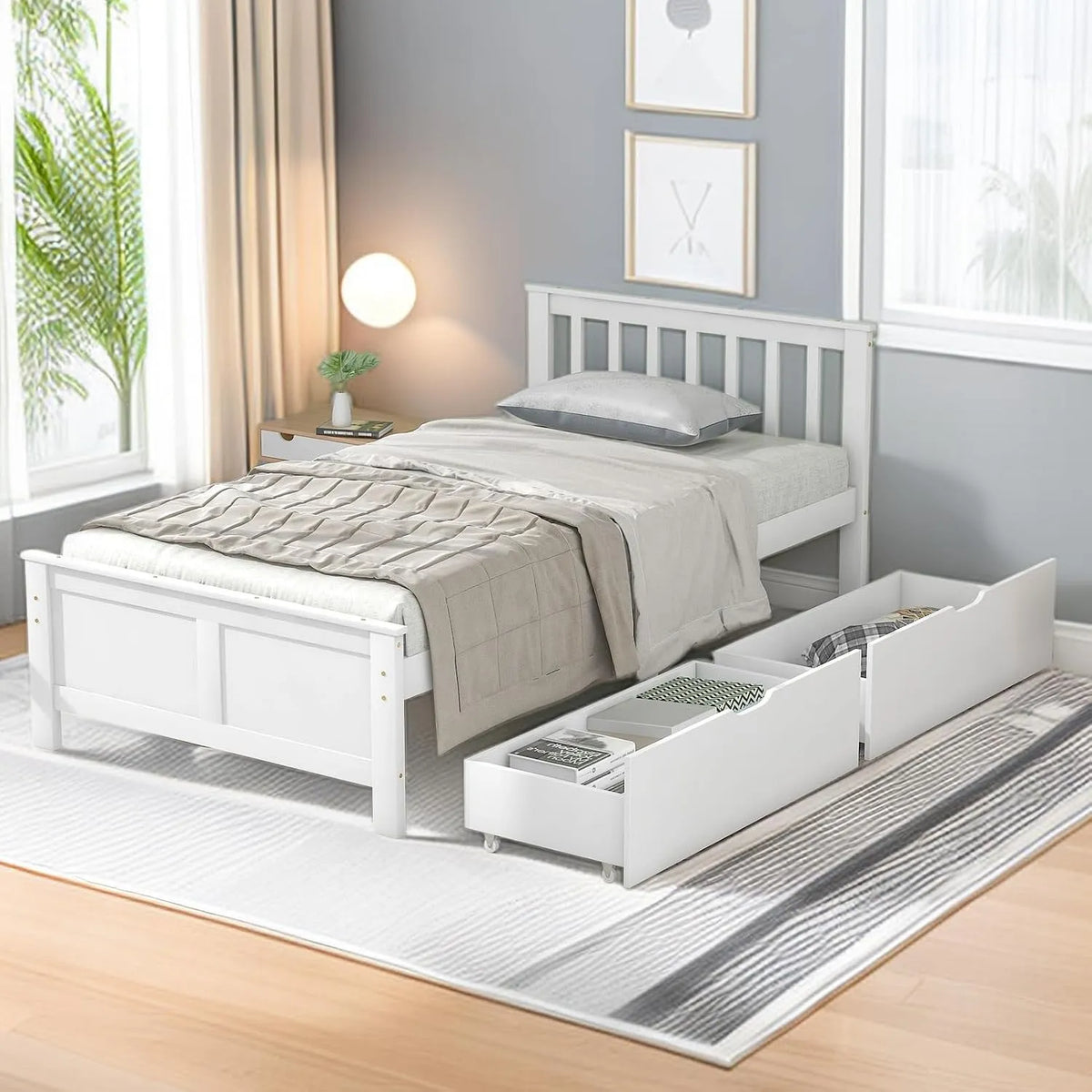 Lit Simple 90x200 en Bois Massif avec 2 Tiroirs de: pour enfant, avec rangement, avec tiroirs, 90 × 200