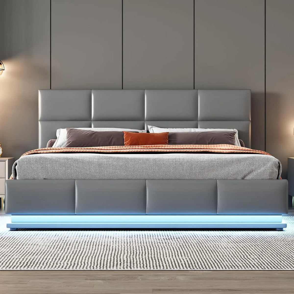 Lit rembourré et cadre de lit tapissé – avec rangement, réglable, 160 × 200 cm, gris, hauteur réglable, en métal