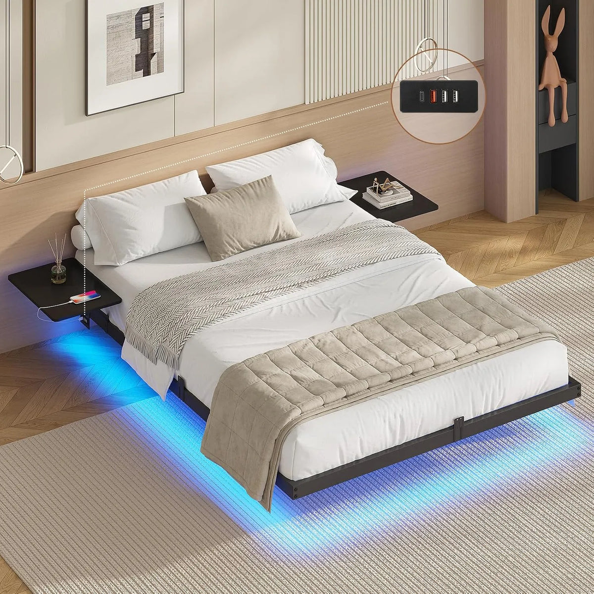 Lit 2 Personnes avec 2 Bibliothèque et étagère de rangements de Chevet — en métal, avec rangement, avec étagères, affichage LED, 140 × 190, 24 CM