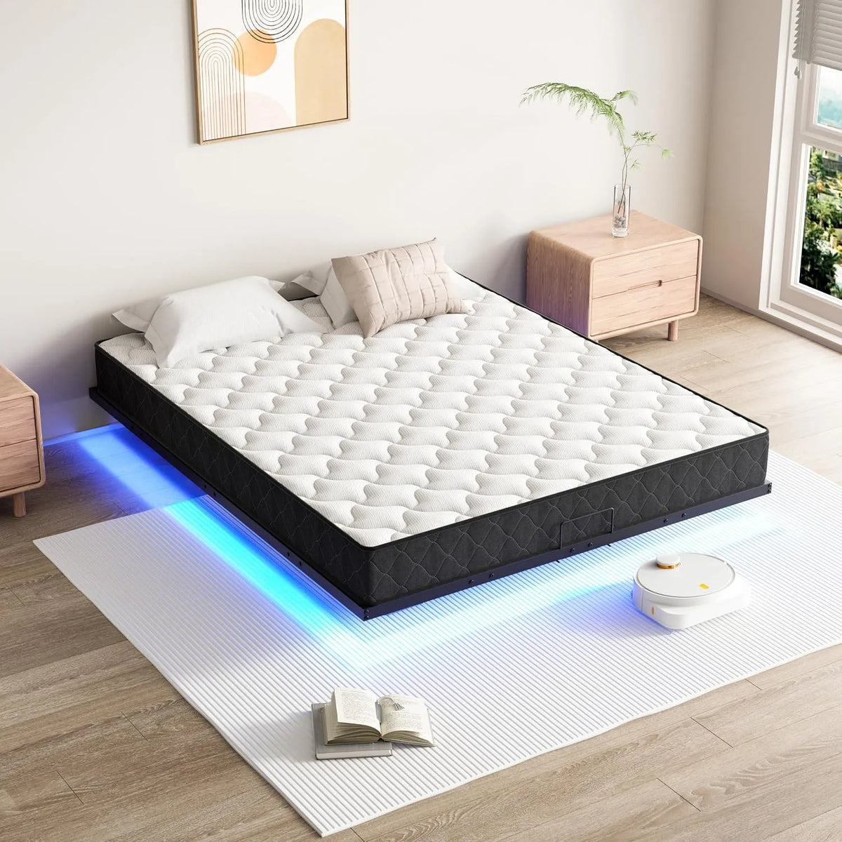 Lit 180 x 200 2 Personnes avec Sommier Métal – en métal, avec rangement, affichage LED, 180 × 200, 20 CM, noir, revêtement en tissu