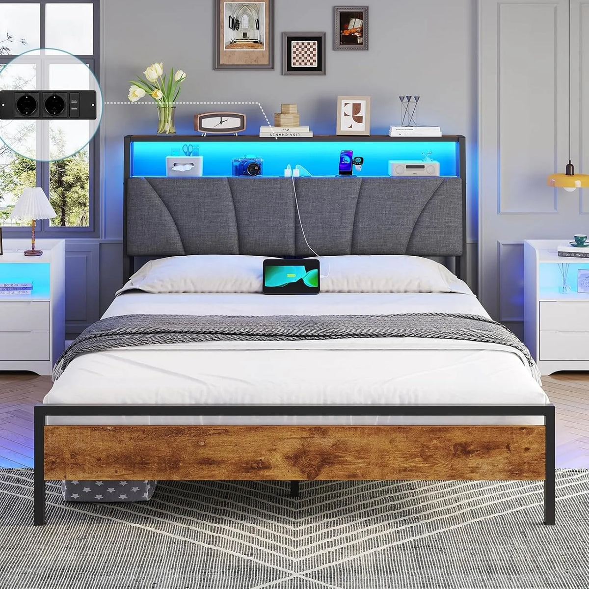 Cadre de lit et structure de lit 140 x 190 avec Sommier en Métal — avec rangement, avec port USB, affichage LED, 140 × 190, gris