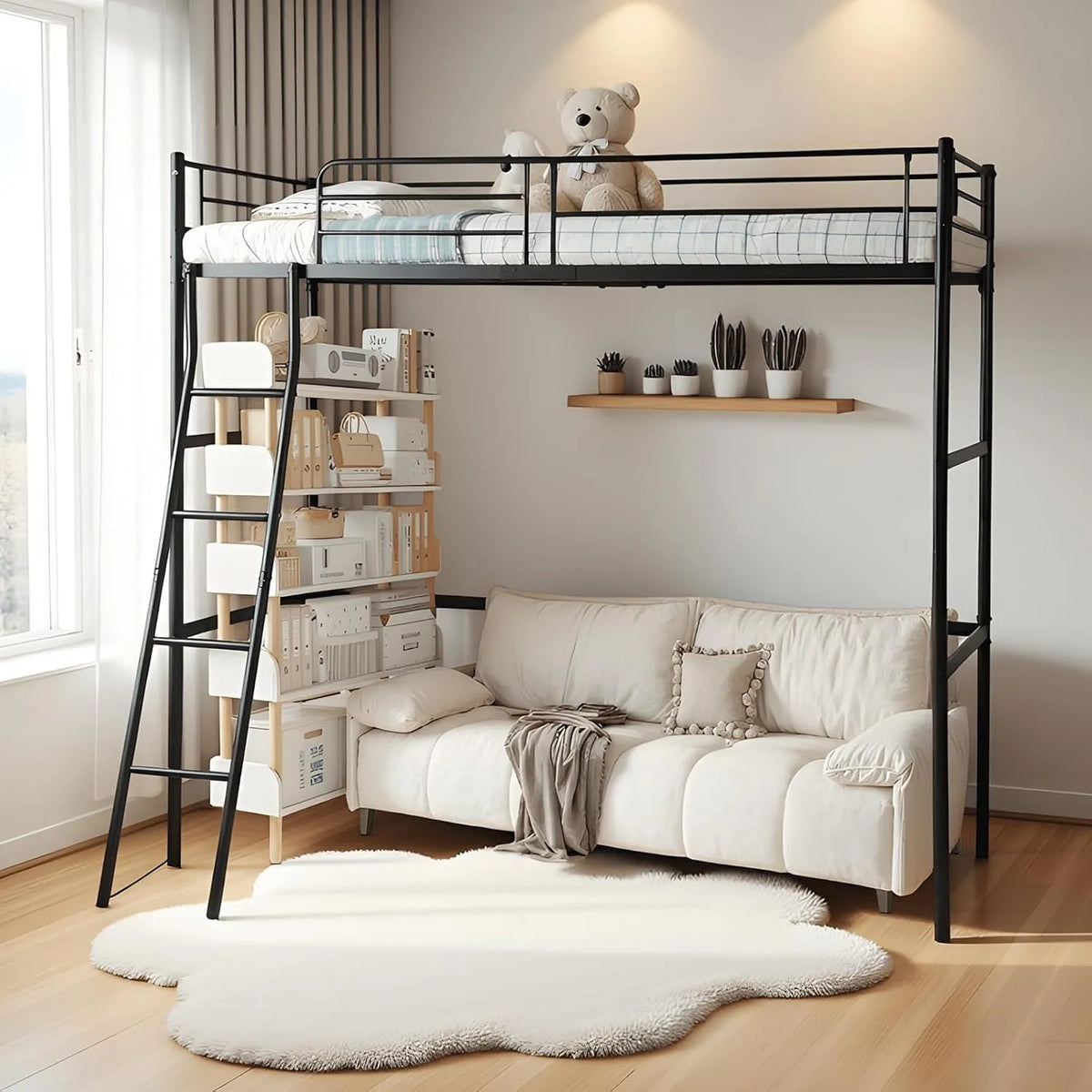 Lit Mezzanine 90 x 200 cm – pour enfant, en métal, avec échelle, 90 × 200 cm, noir