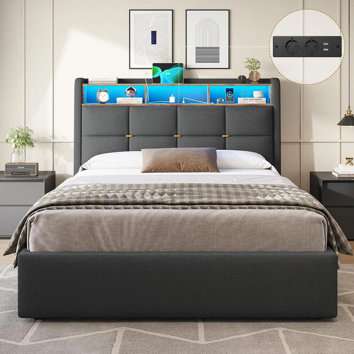 Lit 140 x 200 avec Sommier 140x200 Lit Double avec: avec rangement, affichage LED, 140 × 200, gris, revêtement en tissu