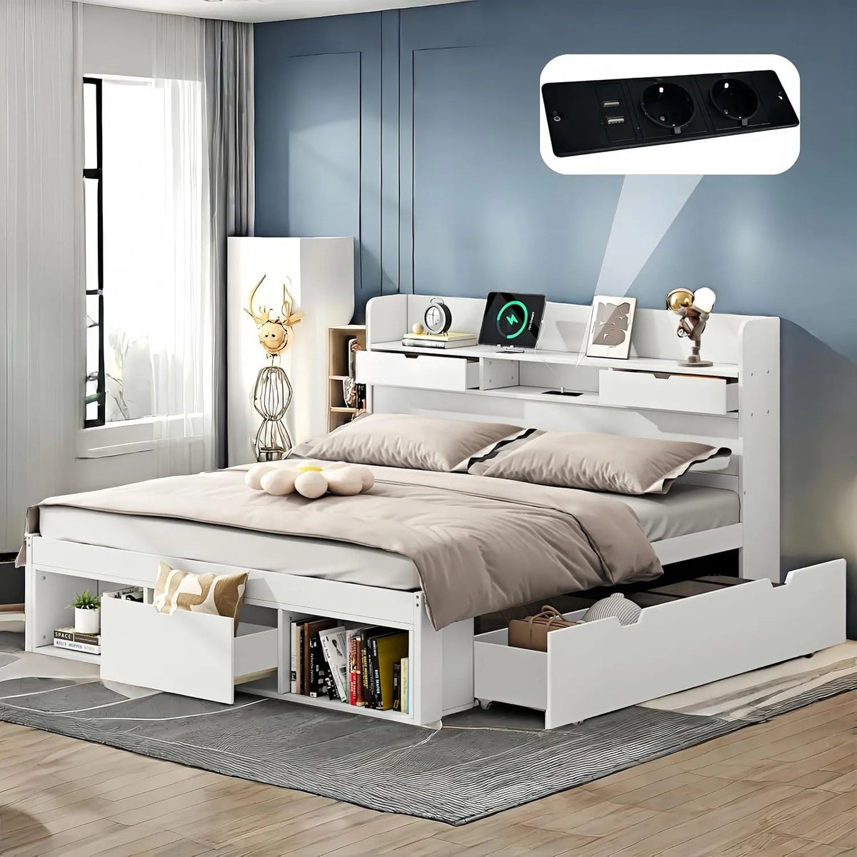 Lit 2 Personnes 180x200 avec tiroirs et USB et Espace: avec rangement, avec port USB, 180 × 200, blanc