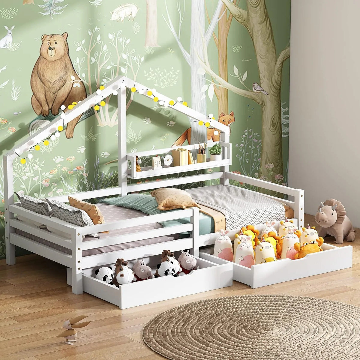 Lit Maison pour Enfant avec Rangements: avec tiroirs, avec Bibliothèque et étagère de rangements, 2 tiroirs, 90 × 200cm, blanc, avec étagères