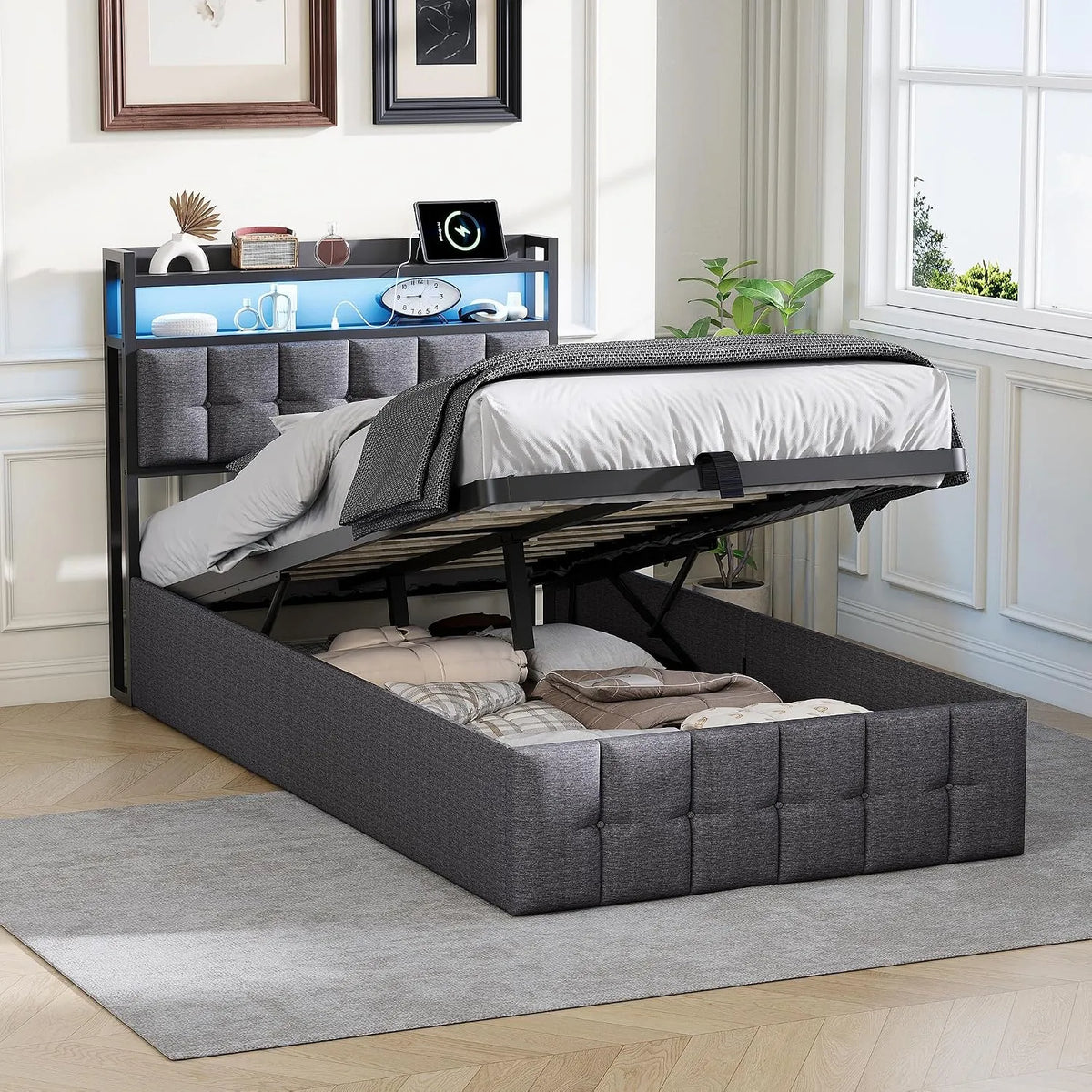 Lit rembourré et cadre de lit tapissé: avec rangement, avec port USB, affichage LED, 90 × 200cm, gris