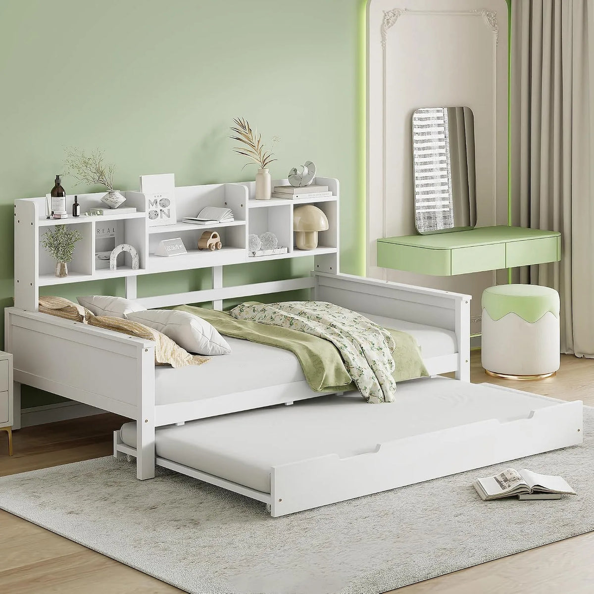 Canapé convertible et canapé-lit: pour enfant, en bois, avec rangement, 90 × 200 cm, 90 × 190 cm, blanc, en bois massif, revêtement en tissu
