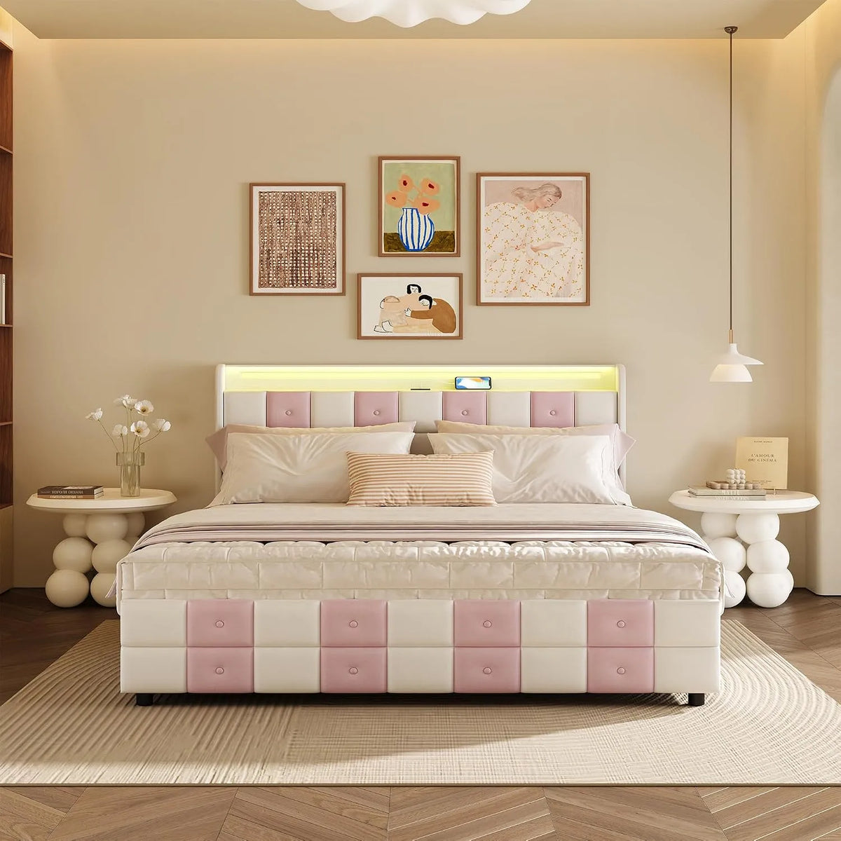Lit rembourré et cadre de lit tapissé – avec rangement, avec tiroirs, avec port USB, affichage LED, 4 tiroirs, 140 × 200, 140 × 200cm