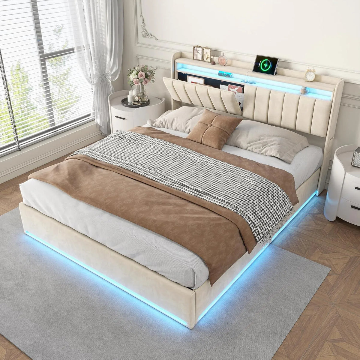 Lit Coffre 140x200 avec Rangement — avec port USB, affichage LED, 140 × 200, revêtement en velours