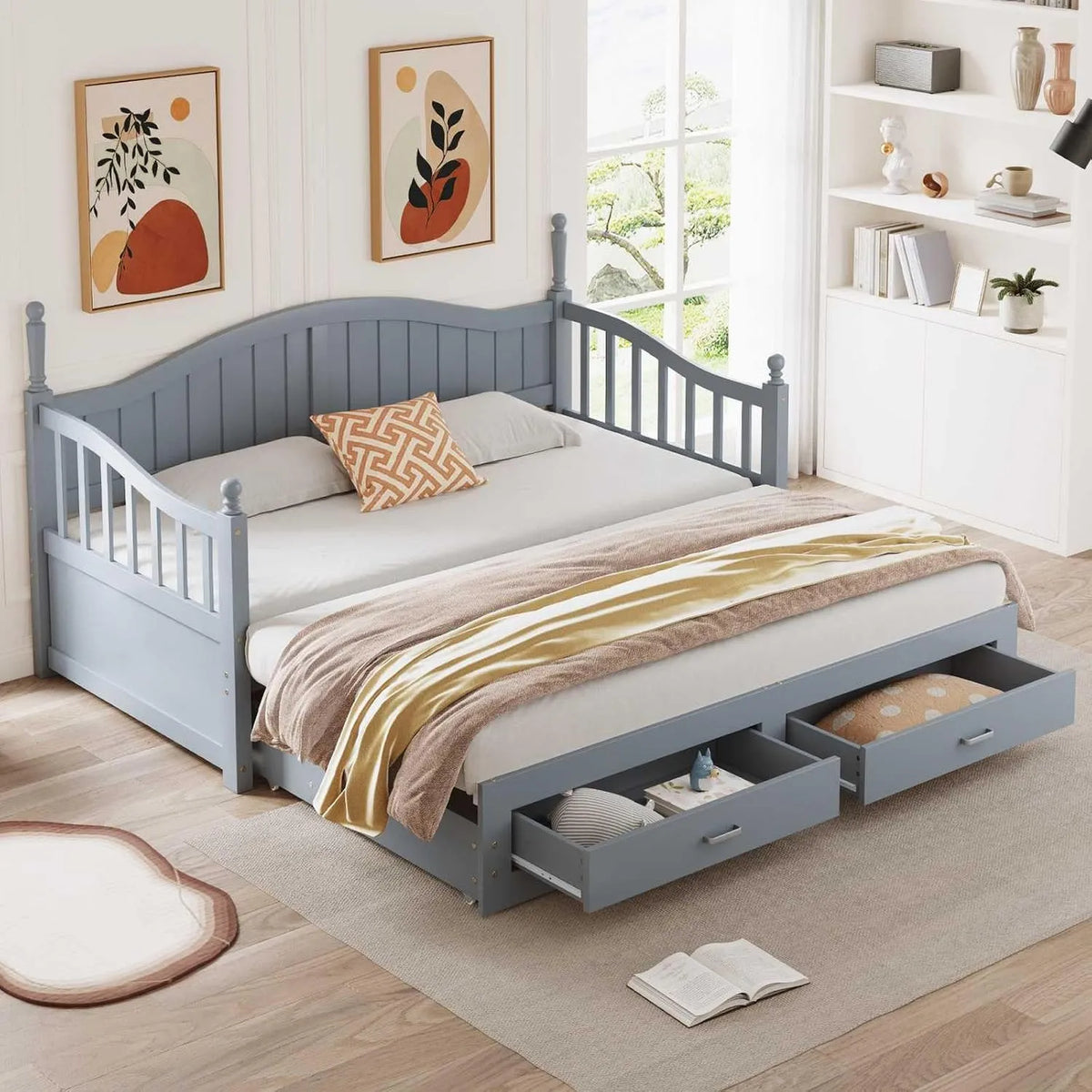 Canapé convertible et canapé-lit — en bois, avec tiroirs, avec accoudoirs, avec dossier, 2 tiroirs, 180 × 190 cm, gris, extensible, en bois massif