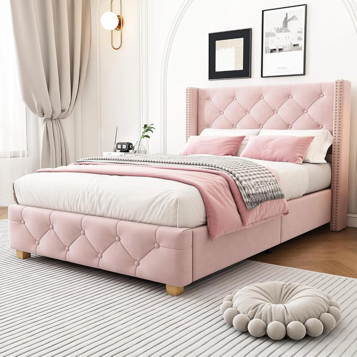 Lit capitonné: en bois, 90 × 200 cm, rose, revêtement en velours