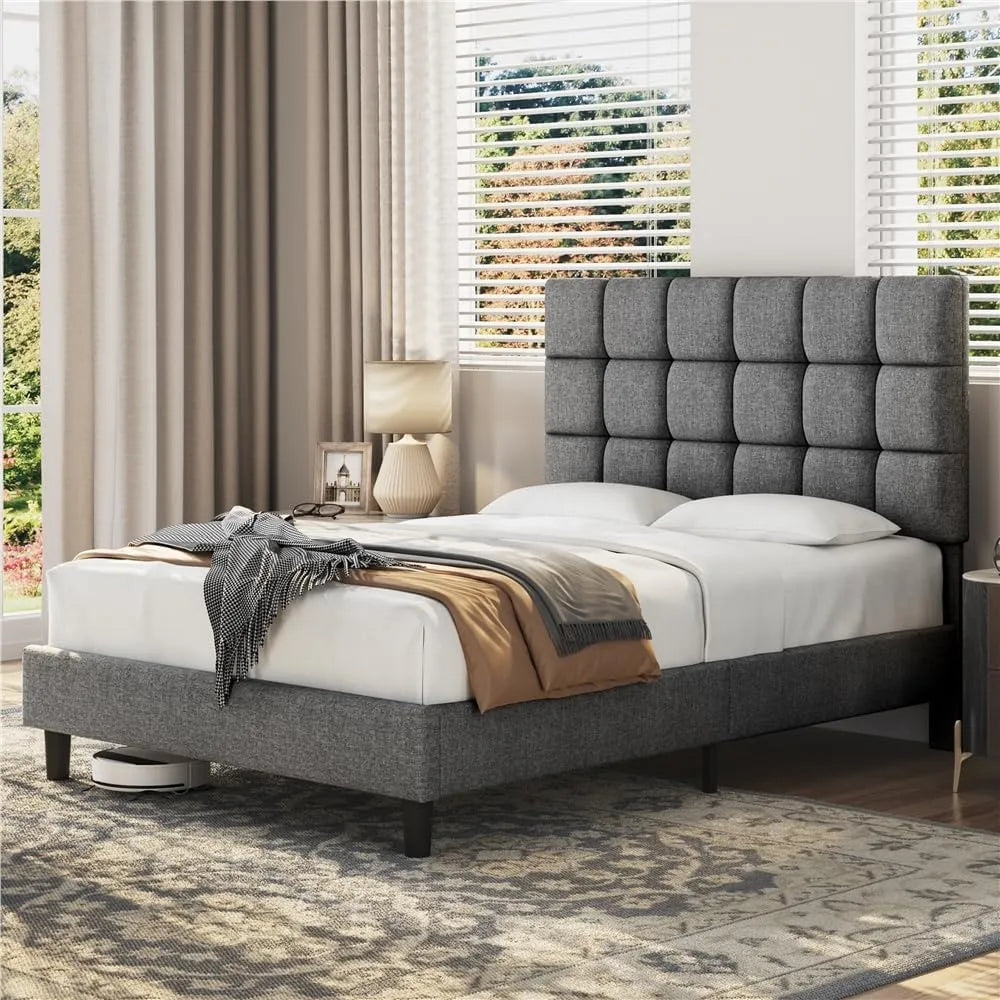 Yaheetech Lit Double 2 Personnes Capitonné Carré 140×200cm: en métal, en bois, réglable, gris, hauteur réglable, en bois massif