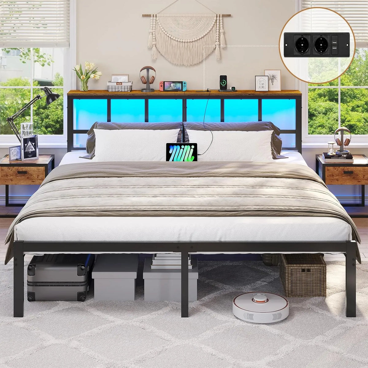Cadre de lit et structure de lit 180x200 avec Sommier Métal Lit 2 Personnes – en métal, avec rangement, avec port USB, affichage LED, 180 × 200