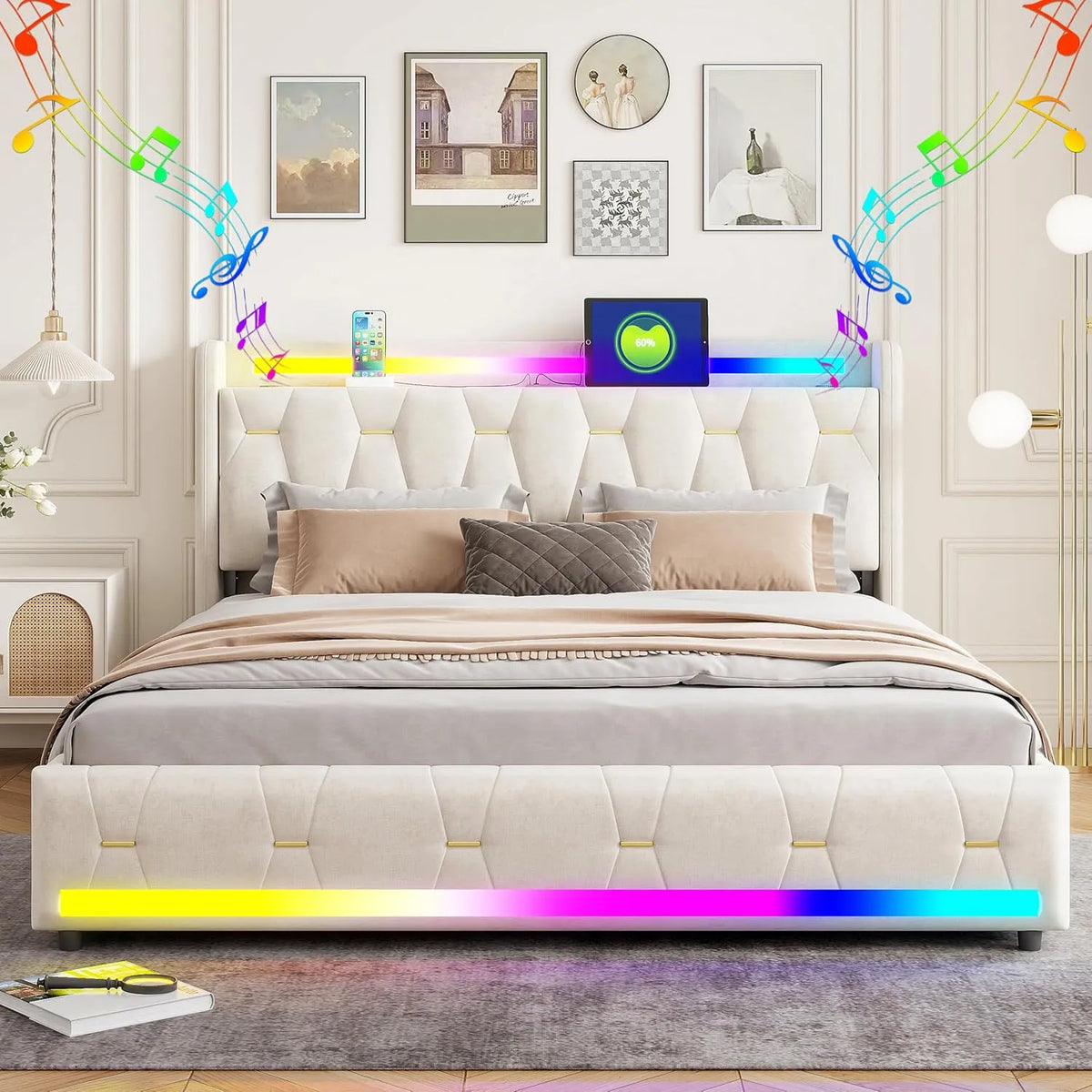 Enceinte audio: en bois, avec rangement, avec tiroirs, avec port USB, 4 Tiroirs, 140 × 200cm, beige, avec éclairage LED, revêtement en velours