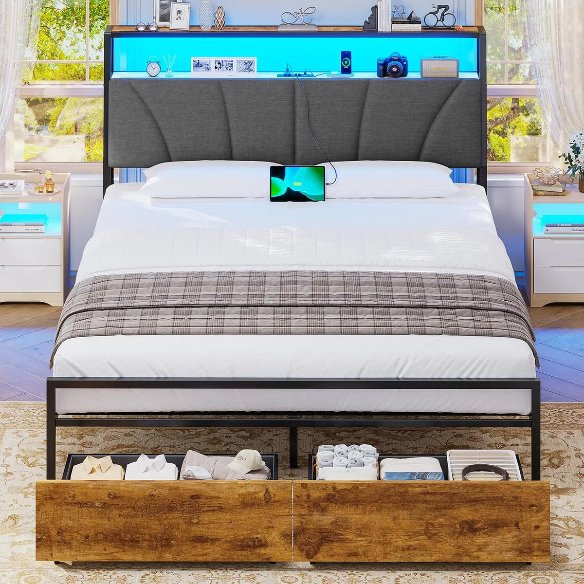 Cadre de lit et structure de lit 140 x 190 avec Sommier en Métal – USB-A, avec tiroirs, avec port USB, affichage LED, 2 Tiroirs, 140 × 190