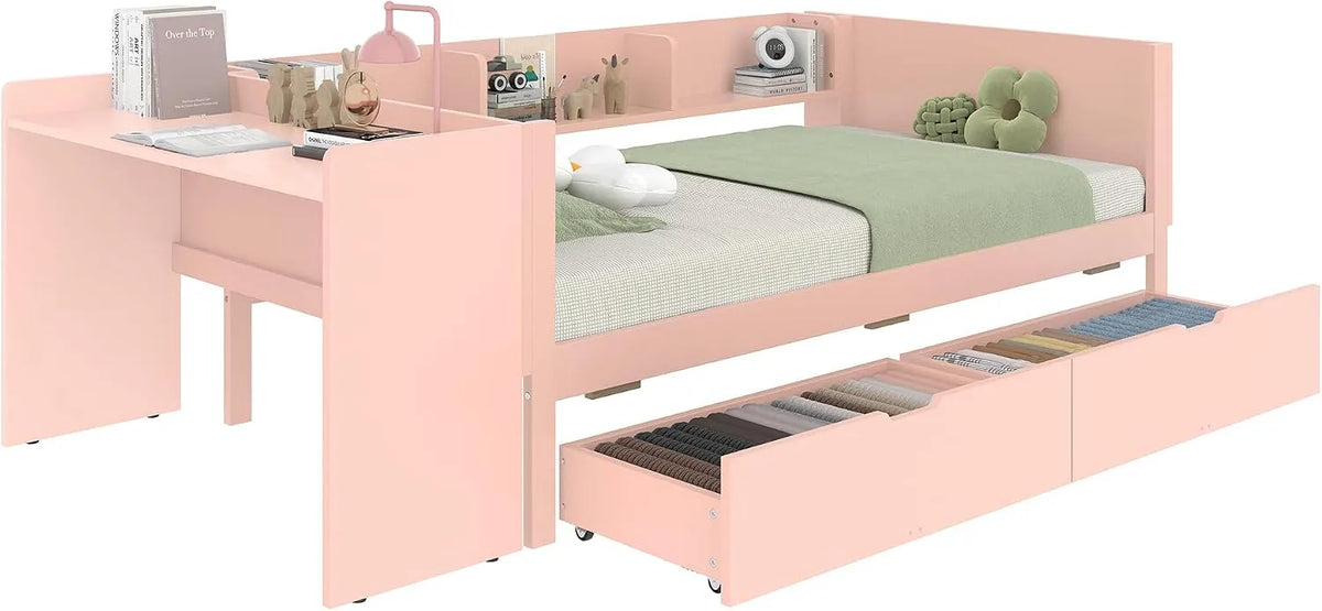 Bureau: en bois, avec tiroirs, avec Bibliothèque et étagère de rangements, avec bureau, 2 tiroirs, 90 × 200 cm, rose, avec étagères