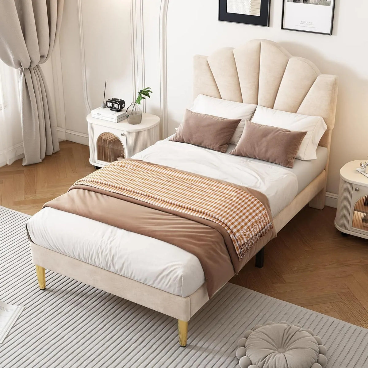 Lit 90x200cm avec Sommier à Lattes – réglable, 1 Place, 90 × 200cm, beige, revêtement en velours, revêtement en tissu