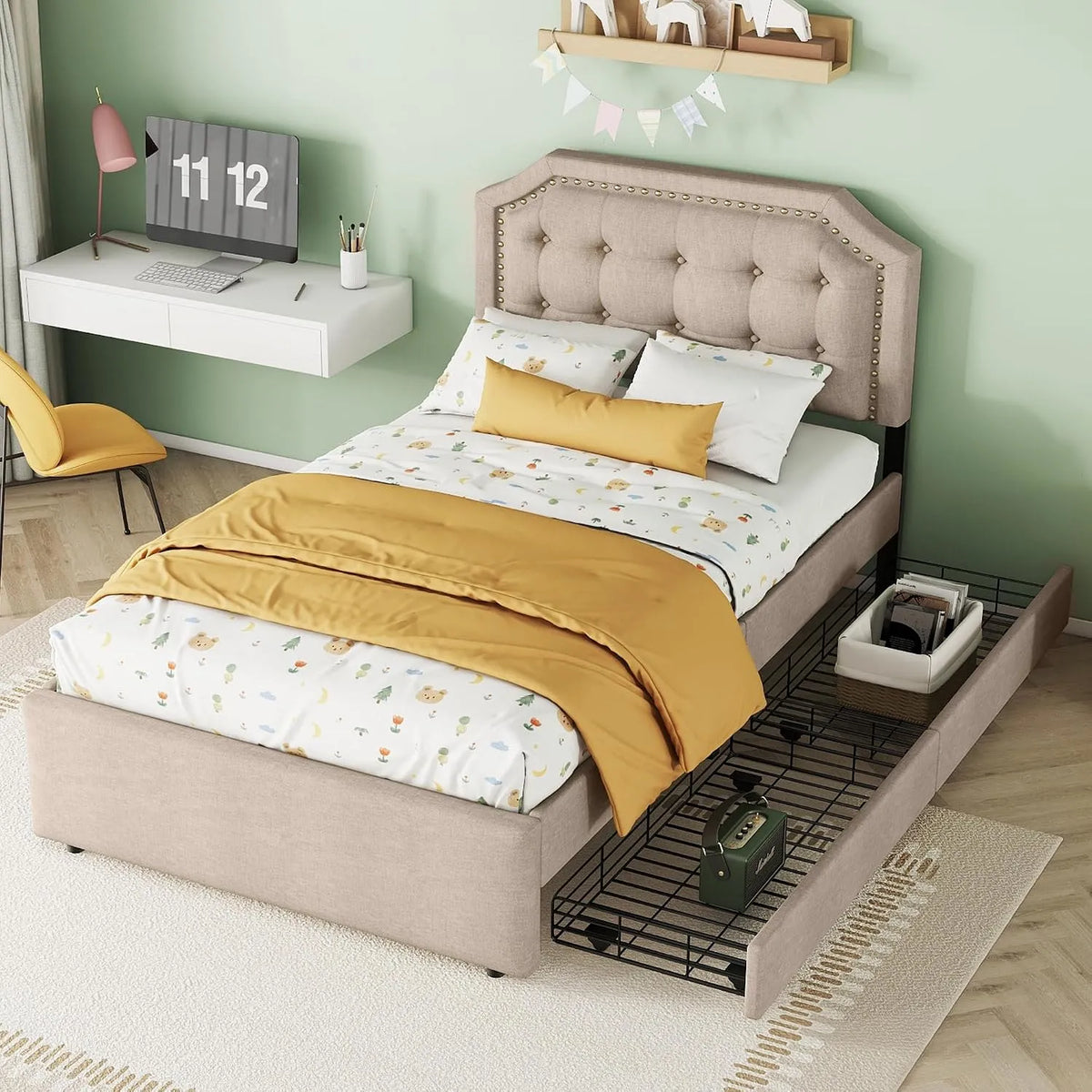 Lit Plat 90x200 cm: avec tiroirs, 90 × 200 cm, beige