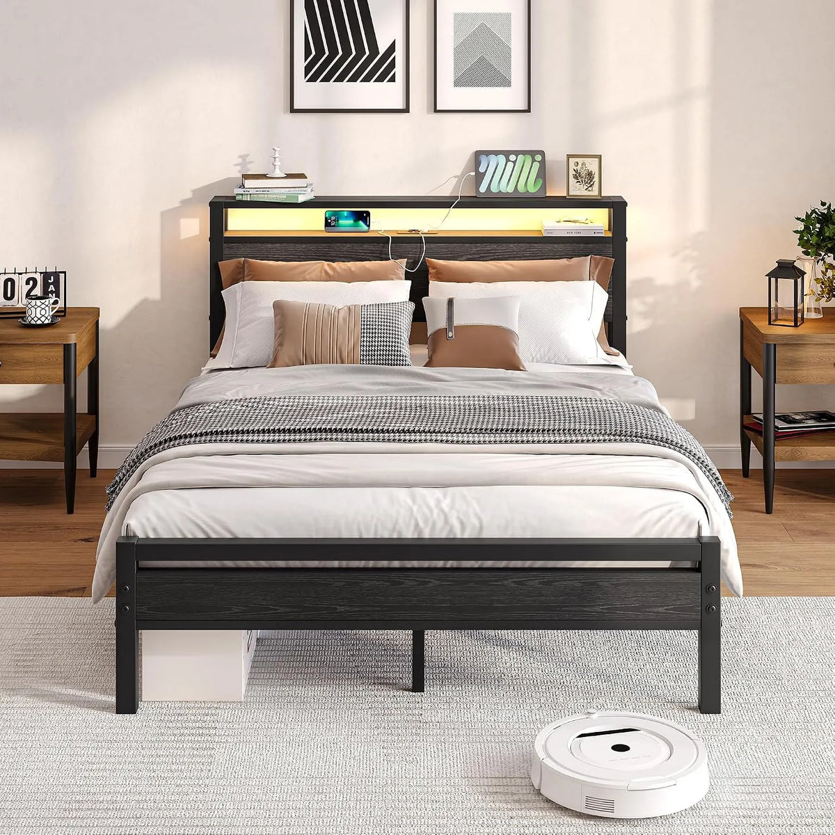 Cadre de lit et structure de lit Double en métal: affichage LED, 140 × 190 cm, noir