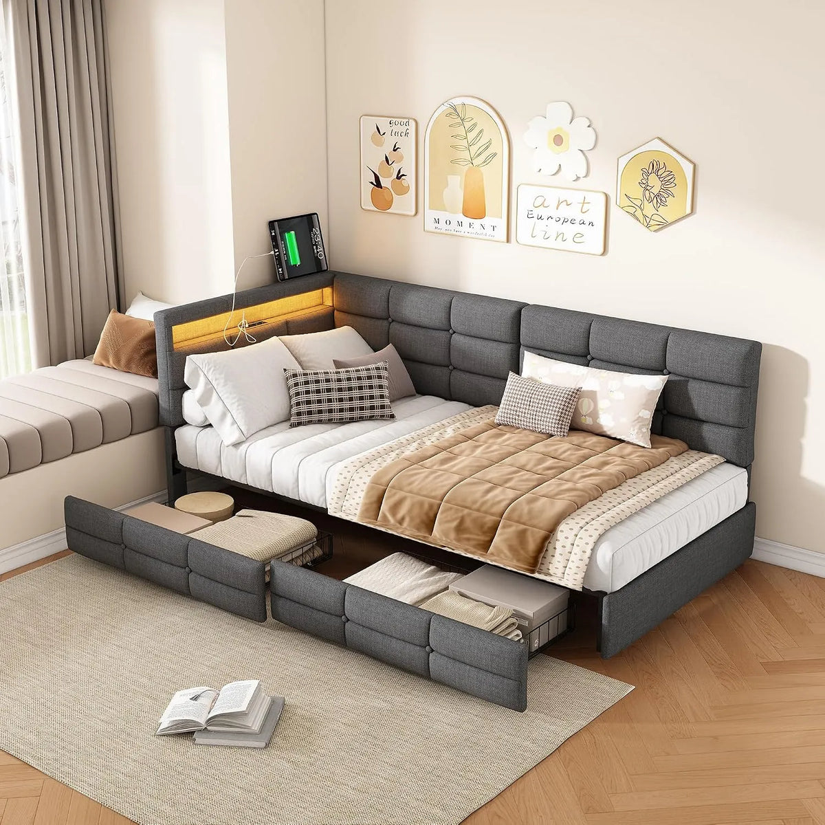 Lit rembourré et cadre de lit tapissé – pour enfant, en bois, avec tiroirs, avec port USB, 2 tiroirs, 90 × 200 cm, gris, avec éclairage LED