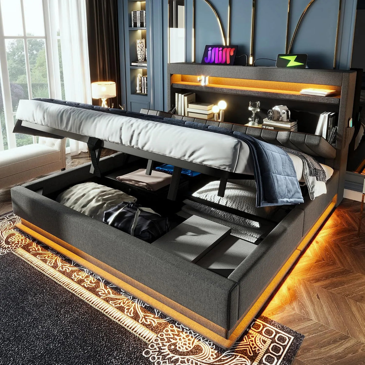 Lit rembourré et cadre de lit tapissé — avec rangement, avec port USB, affichage LED, 160 × 200cm, gris, revêtement en tissu