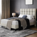 Yaheetech Lit Double 2 Personnes Capitonné Carré 140×200cm: en métal, en bois, réglable, beige, hauteur réglable, en bois massif