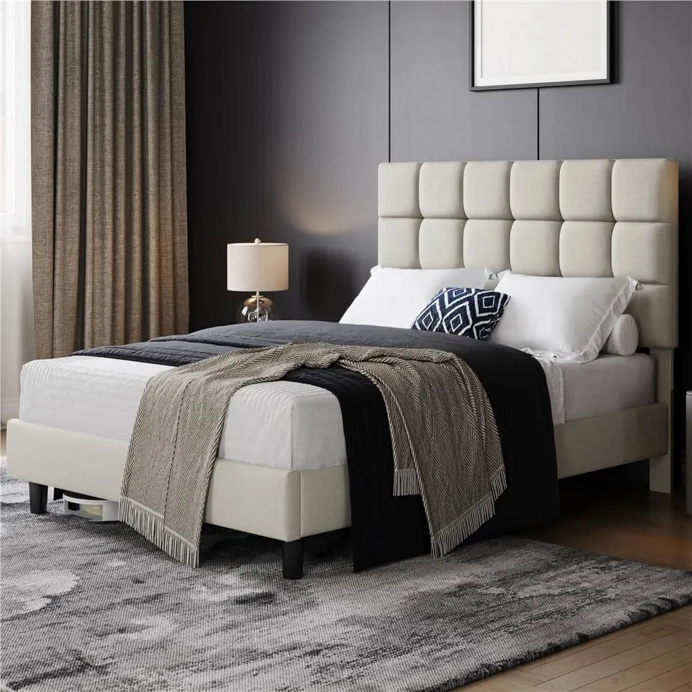 Yaheetech Lit Double 2 Personnes Capitonné Carré 140×200cm: en métal, en bois, réglable, beige, hauteur réglable, en bois massif