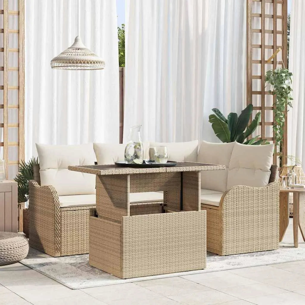 Canapé de jardin et sofa lounge extérieur – en résine tressée, 5 pièces, 52.9 KG, beige, en résine tressée