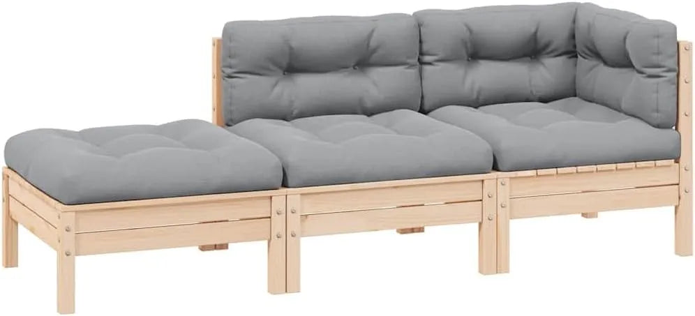 Salon de jardin et ensemble lounge – en bois, avec coussins, 3 pièces, gris