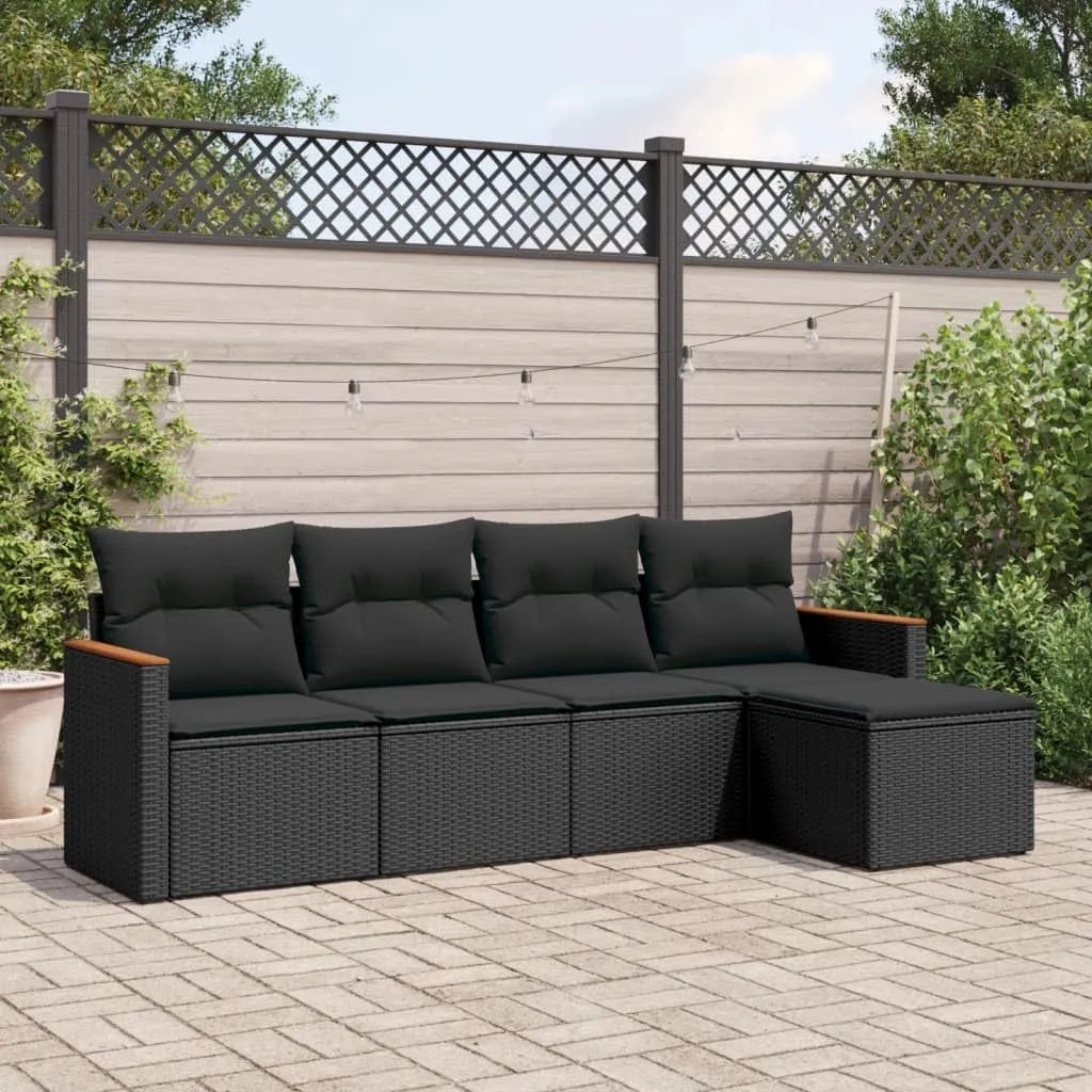 Canapé de jardin et sofa lounge extérieur – en bois, avec rangement, avec accoudoirs, 5 pièces, noir, en résine tressée