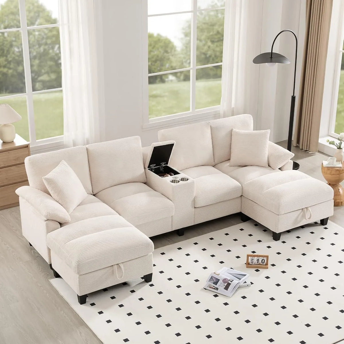 Canapé d'angle et canapé panoramique – avec rangement, avec port USB, 4 Places, 2 Porte, beige
