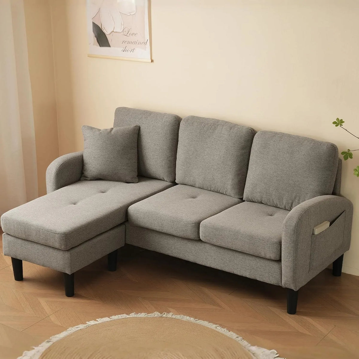 Canapé d'angle et canapé panoramique — respirant, modulaire, forme en L, revêtement en tissu, 166 × 118 × 77 cm, gris