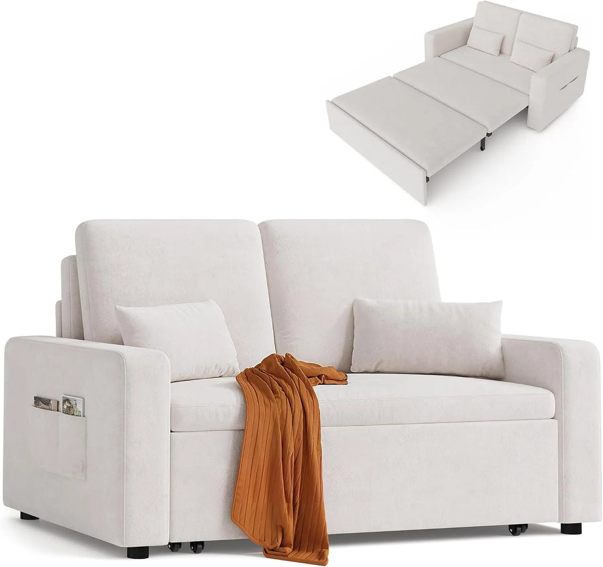Canapé convertible et canapé-lit — 2 places, 147 × 196 × 87 cm, beige, extensible, revêtement en velours