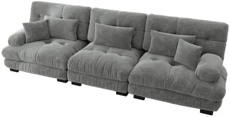 Canapé d'angle et canapé panoramique — modulaire, assise profonde, en chenille, revêtement en tissu, 3 places, gris